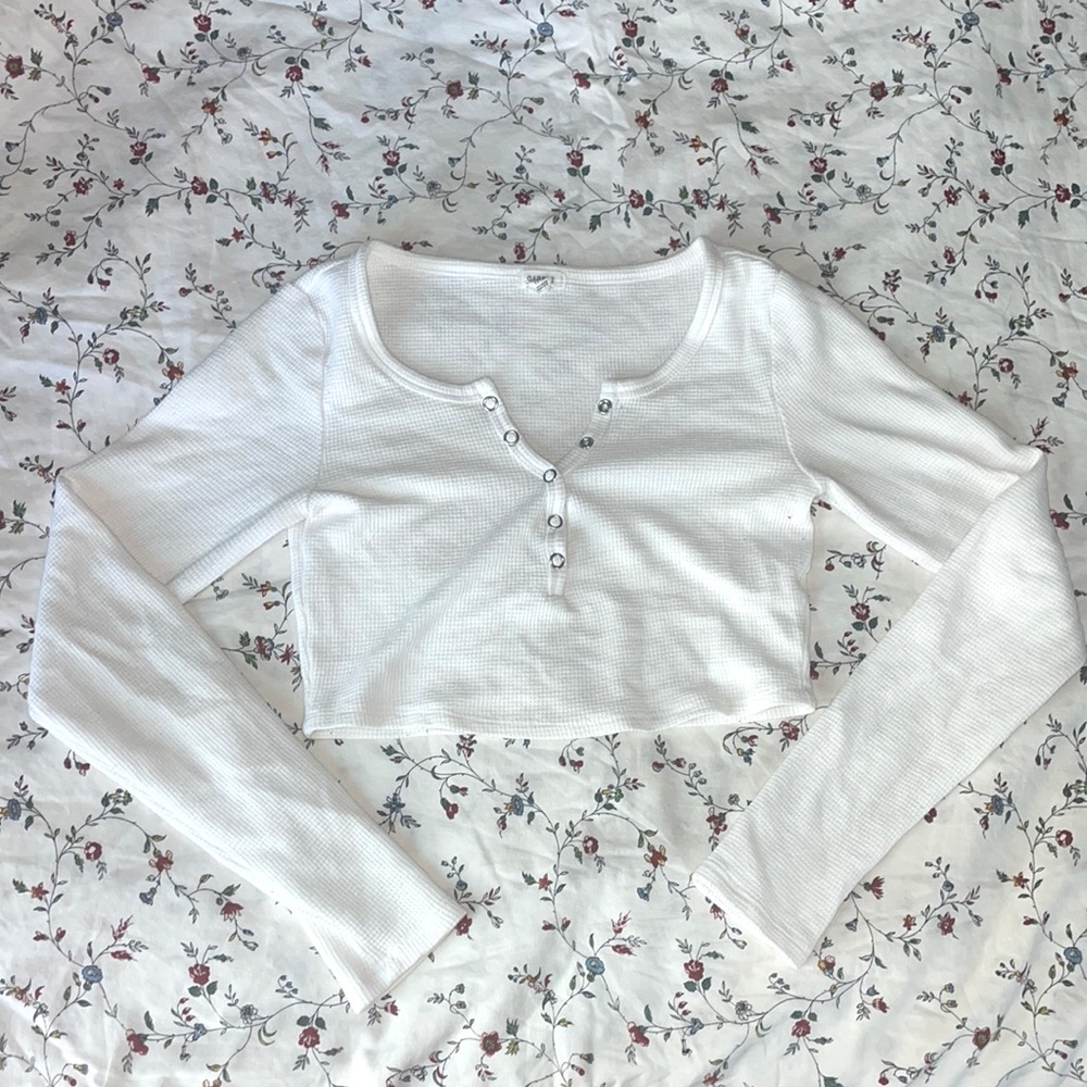 White long sleeve button up top from garage